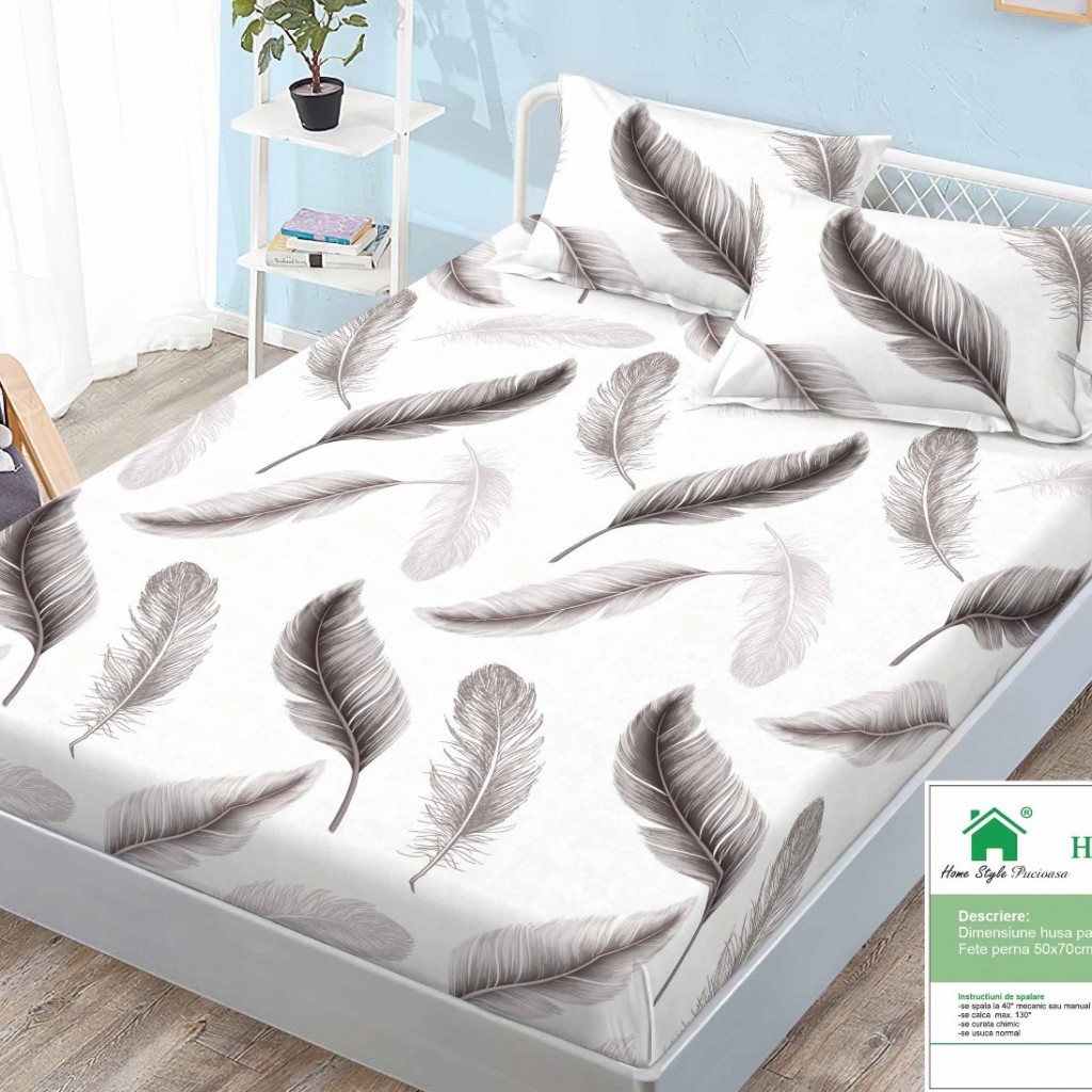 Husă de pat, finet, 160x200cm, 2 persoane, set 3 piese, cu elastic, cu imprimeu, HPF16104