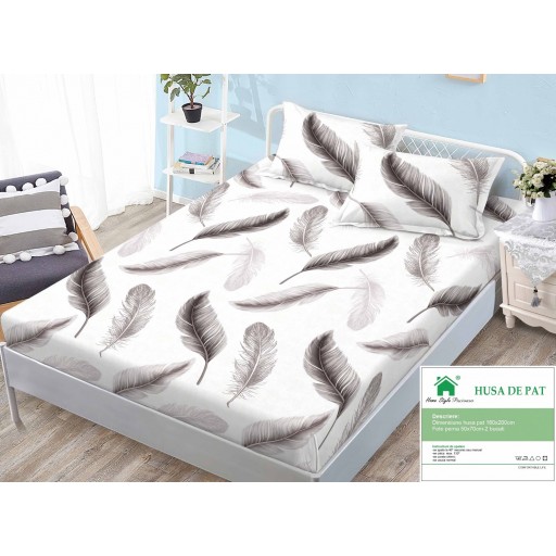 Husă de pat, finet, 160x200cm, 2 persoane, set 3 piese, cu elastic, cu imprimeu, HPF16104