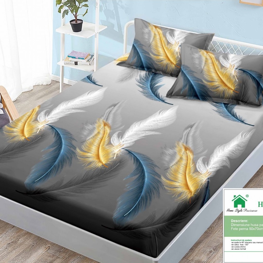 Husa de pat, 1 persoană, finet, 90x200cm, 3 piese, cu elastic, cu imprimeu, HPP104