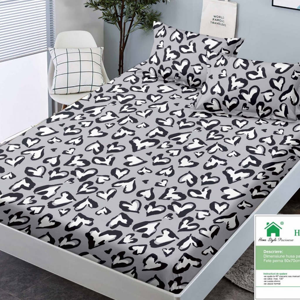 Husa de pat, 1 persoană, finet, 90x200cm, 3 piese, cu elastic, cu imprimeu, HPP110