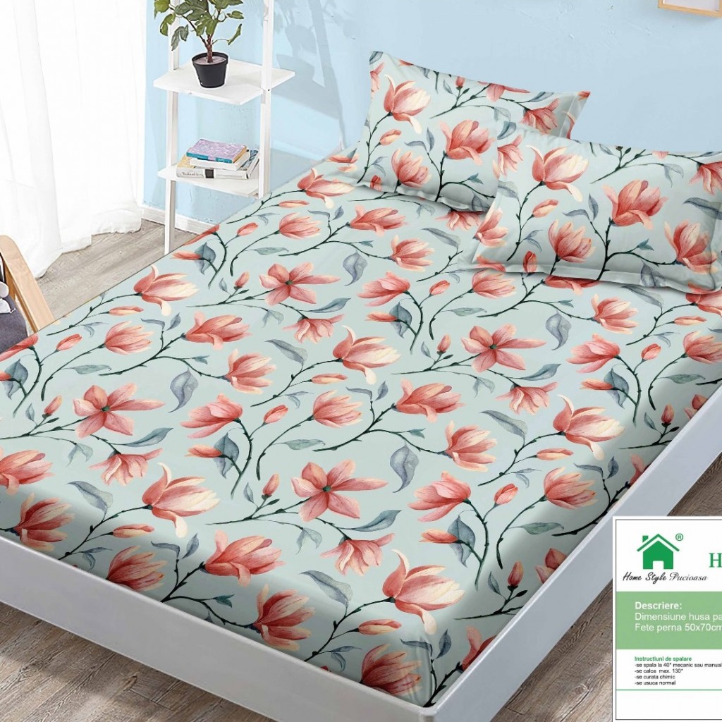 Husa de pat, 1 persoană, finet, 90x200cm, 3 piese, cu elastic, cu imprimeu, HPP111