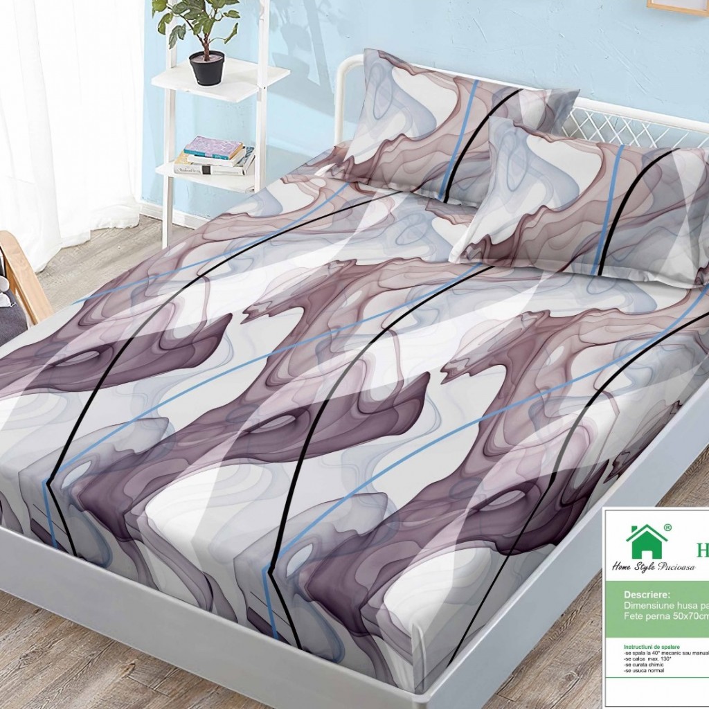Husa de pat, 1 persoană, finet, 90x200cm, 3 piese, cu elastic, cu imprimeu, HPP112