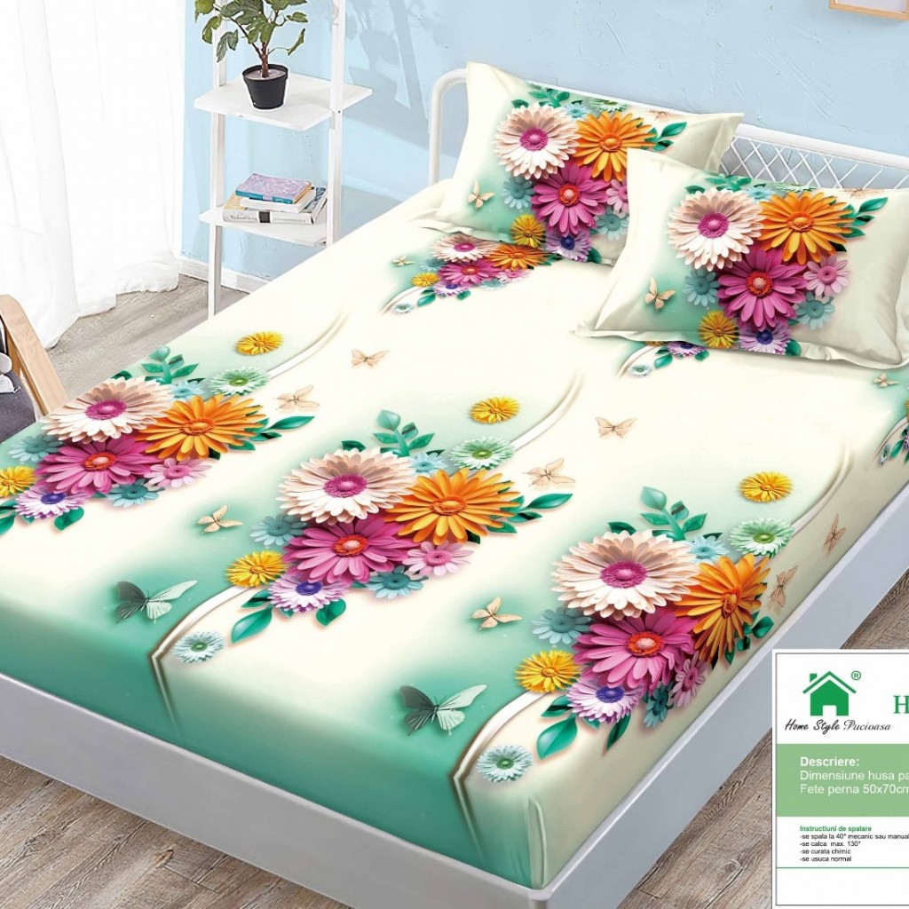 Husa de pat, 1 persoană, finet, 90x200cm, 3 piese, cu elastic, cu imprimeu, HPP114