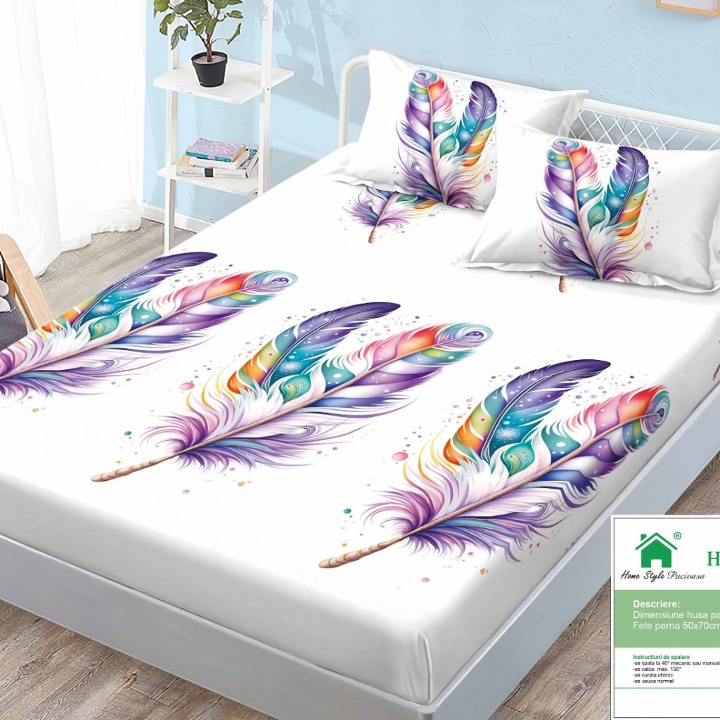 Husa de pat, 1 persoană, finet, 90x200cm, 3 piese, cu elastic, cu imprimeu, HPP115