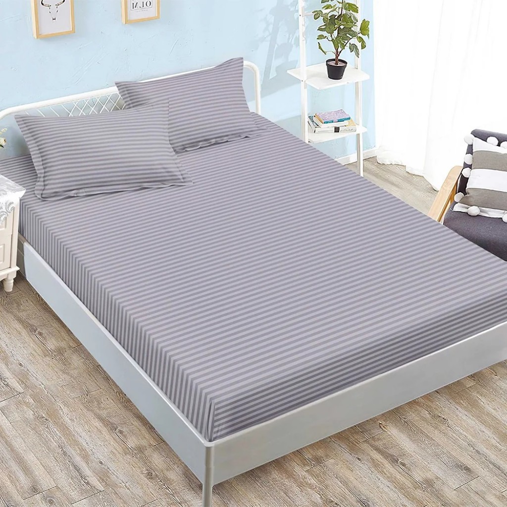 Husă de pat, 2 persoane, finet tip damasc, 3 piese, 180x200cm, cu elastic, Uni, gri deschis, HPD18005