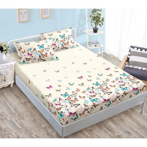 Husă de pat, finet, 180x200cm, 2 persoane, 3 piese, cu elastic, crem , cu fluturași, HPF130