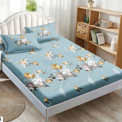 Husă de pat, finet, 180x200cm, 2 persoane, 3 piese, cu elastic, albastru , cu flori, HPF187