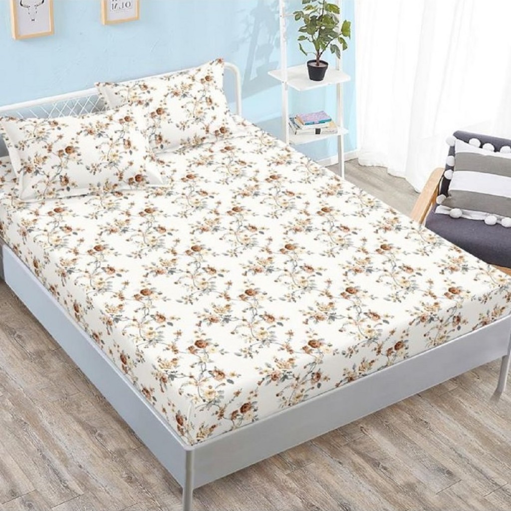 Husa de pat, 2 persoane, finet, 3 piese, cu elastic, crem , cu floricele, HPF204