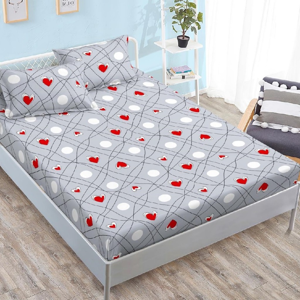 Husa de pat, 2 persoane, finet, 180x200cm, 3 piese, cu elastic, gri , cu inimioare rosii, HPF268