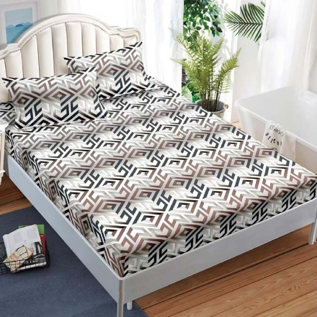 Husa de pat, finet, 180x200cm, 2 persoane, 3 piese, cu elastic, alb , cu model linii, HPF307