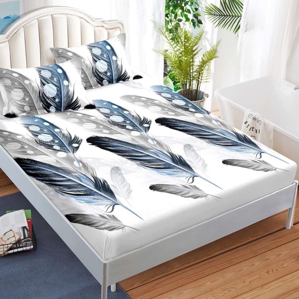 Husă de pat, finet, 180x200cm, 2 persoane, 3 piese, cu elastic, alb , cu pene albastre, HPF327