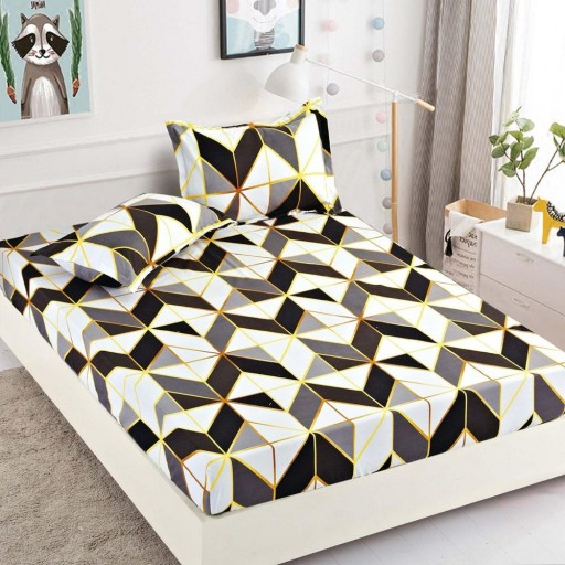 Husă de pat, finet, 180x200cm, 2 persoane, 3 piese, cu elastic, crem și maro, cu forme geometrice, HPF331