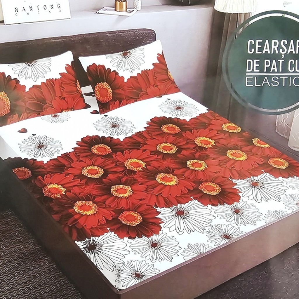 Husă de pat, finet, 180x200cm, 2 persoane, 3 piese, cu elastic, alb , cu flori vișinii, HPF333