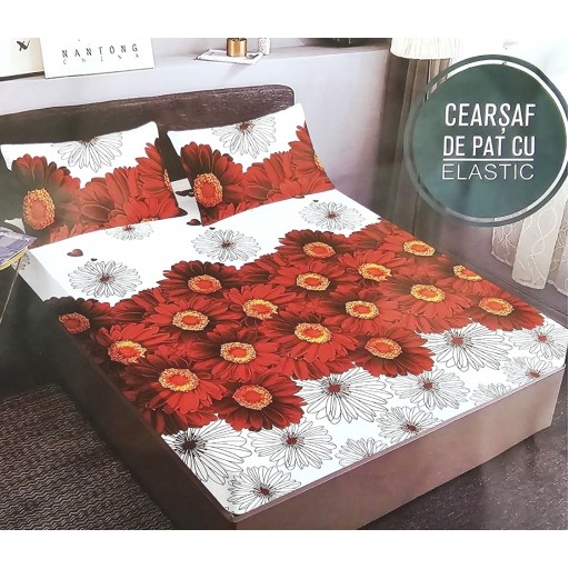 Husă de pat, finet, 180x200cm, 2 persoane, 3 piese, cu elastic, alb , cu flori vișinii, HPF333