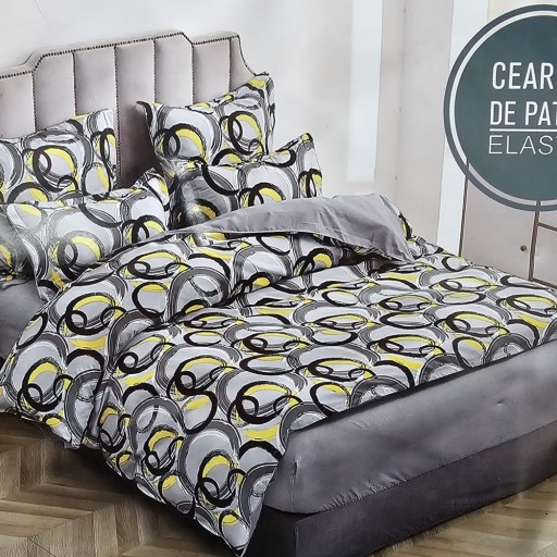 Husă de pat, finet, 180x200cm, 2 persoane, 3 piese, cu elastic, gri , cu cercuri, HPF339