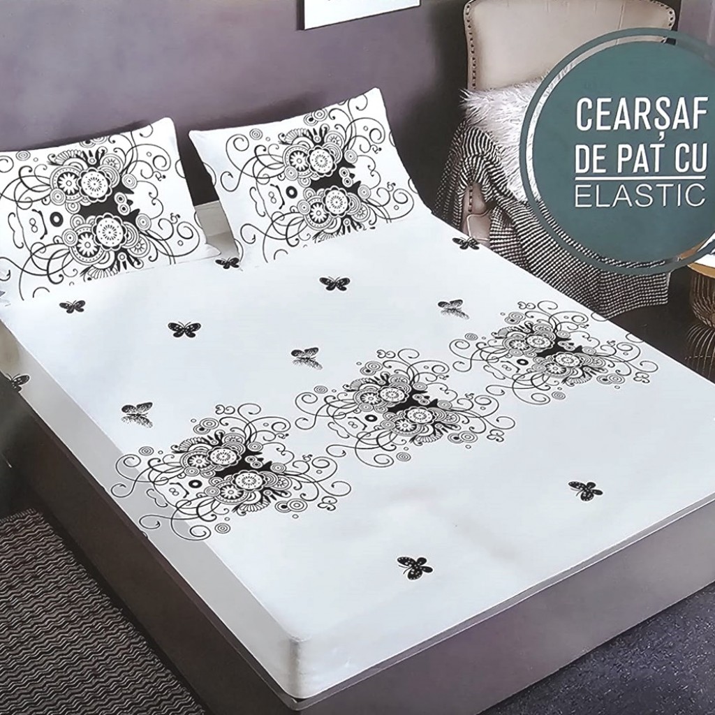 Husă de pat, finet, 180x200cm, 2 persoane, 3 piese, cu elastic, alb , cu model și fluturi negri, HPF342