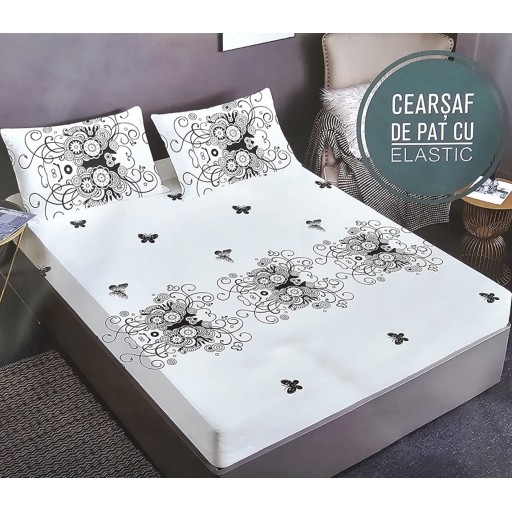 Husă de pat, finet, 180x200cm, 2 persoane, 3 piese, cu elastic, alb , cu model și fluturi negri, HPF342
