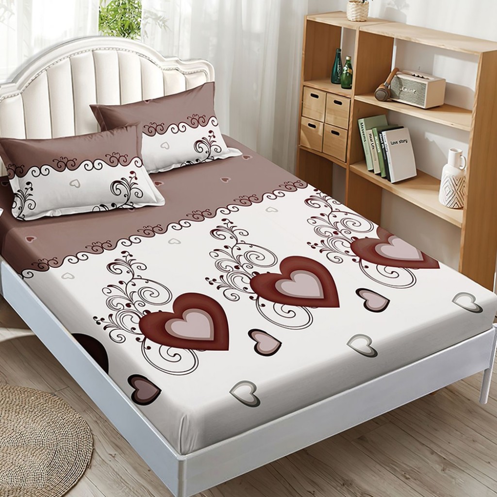 Husă de pat, finet, 180x200cm, 2 persoane, 3 piese, cu elastic, maro și crem, cu inimioare, HPF345