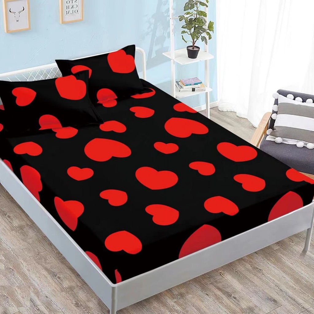 Husă de pat, finet, 180x200cm, 2 persoane, 3 piese, cu elastic, negru , cu inimi roșii, HPF350 Husă de pat, finet, 180x200cm, 2 persoane, 3 piese, cu elastic, negru , cu inimi roșii, HPF350