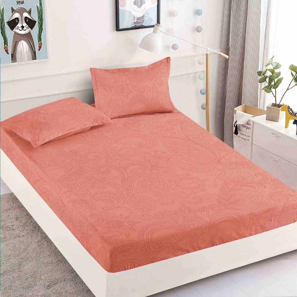 Husa de pat, finet, 180x200cm, 2 persoane, 3 piese, cu elastic, cărămiziu , cu model , HPF352