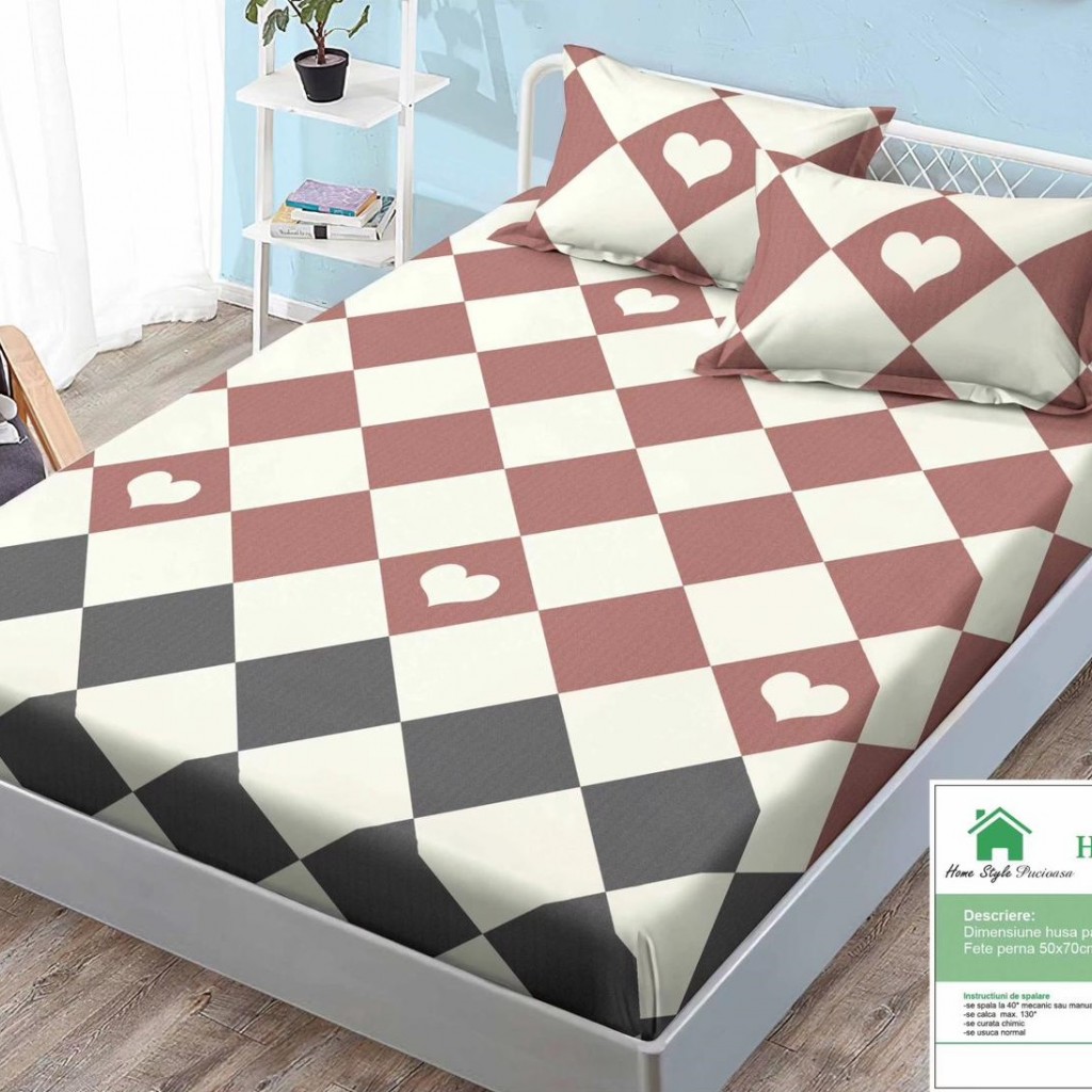 Husa de pat, finet, 180x200cm, 2 persoane, finet, 3 piese, cu elastic, crem gri maro, cu romburi, HPF359