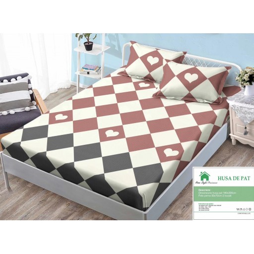 Husa de pat, finet, 180x200cm, 2 persoane, finet, 3 piese, cu elastic, crem gri maro, cu romburi, HPF359