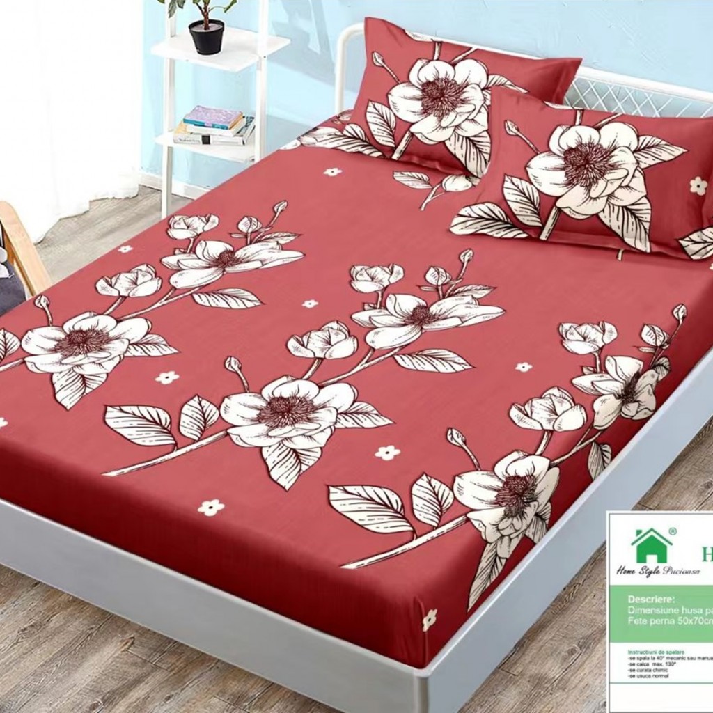 Husa de pat, finet, 180x200cm, 2 persoane, finet, 3 piese, cu elastic, roșu , cu flori albe, HPF367