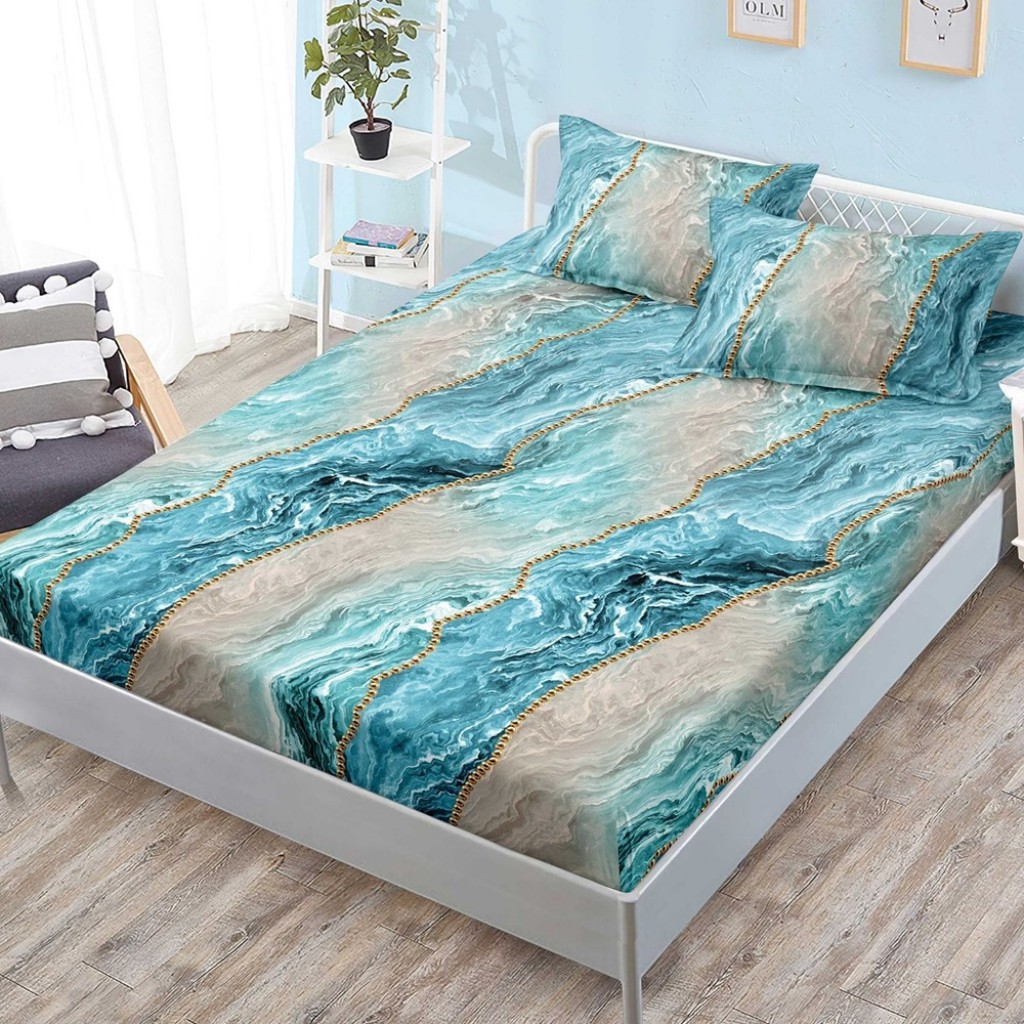 Husă de pat, finet, 180x200cm, 2 persoane, 3 piese, cu elastic, albastru și crem, imprimeu valuri, HPF403 Husă de pat, finet, 180x200cm, 2 persoane, 3 piese, cu elastic, albastru și crem, imprimeu valuri, HPF403