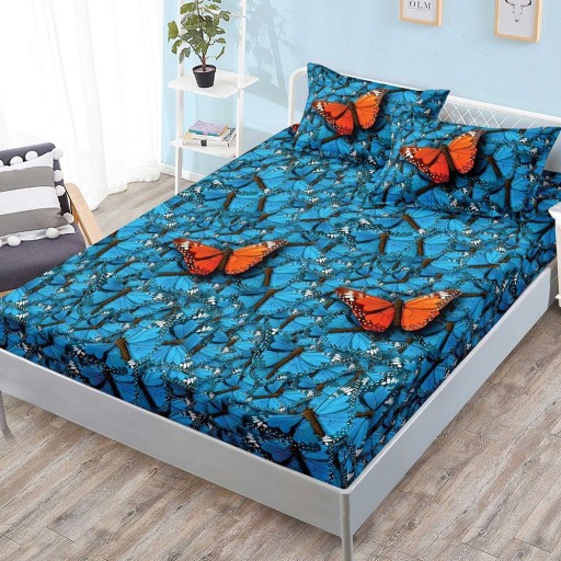 Husă de pat, finet, 180x200cm, 2 persoane, 3 piese, cu elastic, albastru , cu fluturi maro și albaștri, HPF405