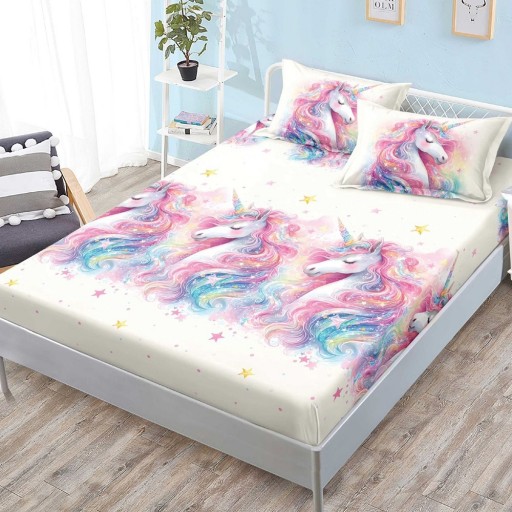 Husă de pat, finet, 180x200cm, 2 persoane, 3 piese, cu elastic, crem , cu unicorni, HPF407