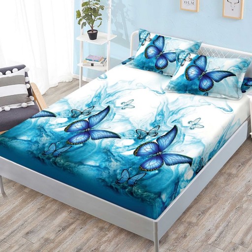 Husă de pat, finet, 180x200cm, 2 persoane, 3 piese, cu elastic, albastru și alb, cu fluturi, HPF410