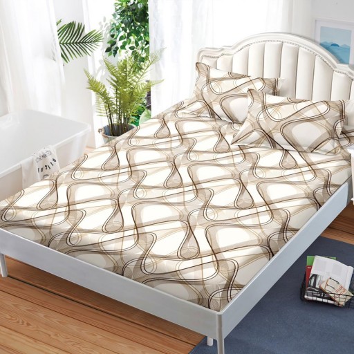 Husă de pat, finet, 180x200cm, 2 persoane, 3 piese, cu elastic, crem și maro, cu imprimeu, HPF411