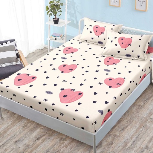Husă de pat, finet, 180x200cm, 2 persoane, 3 piese, cu elastic, roz și crem, cu inimioare, HPF412