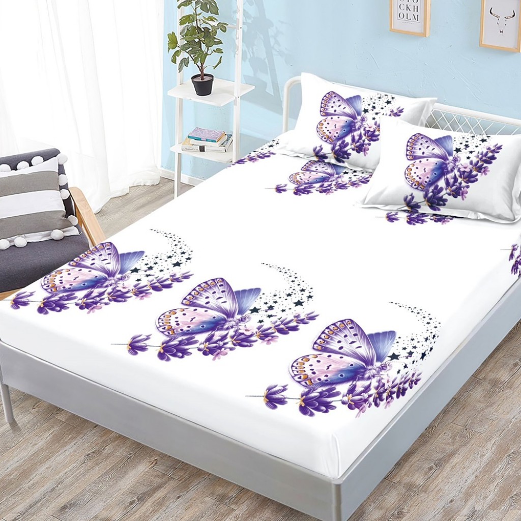 Husă de pat, finet, 180x200cm, 2 persoane, 3 piese, cu elastic, alb , cu fluturi mov, HPF415