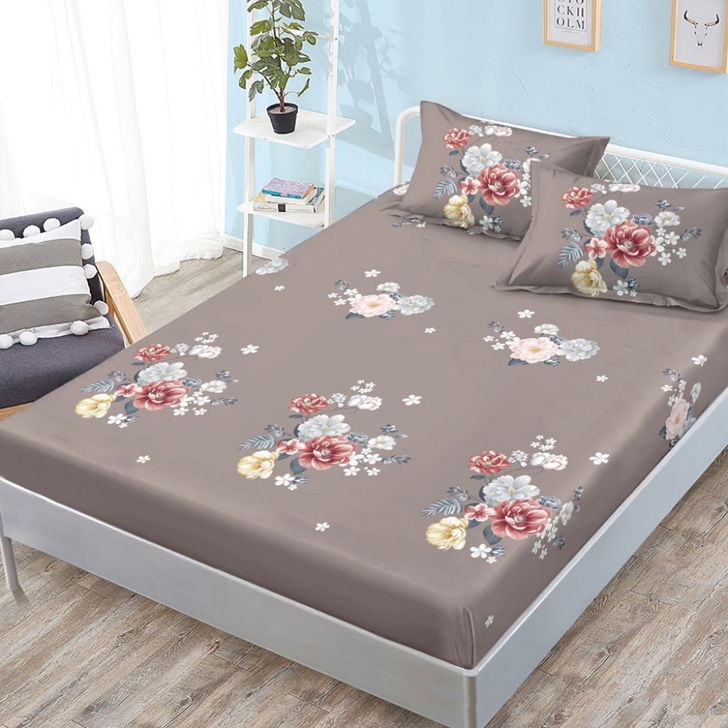Husă de pat, finet, 180x200cm, 2 persoane, 3 piese, cu elastic, maro , cu floricele, HPF416