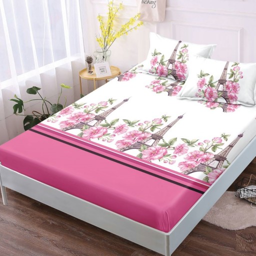 Husă de pat, finet, 180x200cm, 2 persoane, 3 piese, cu elastic, roz și alb, cu flori și turnul Eiffel, HPF417