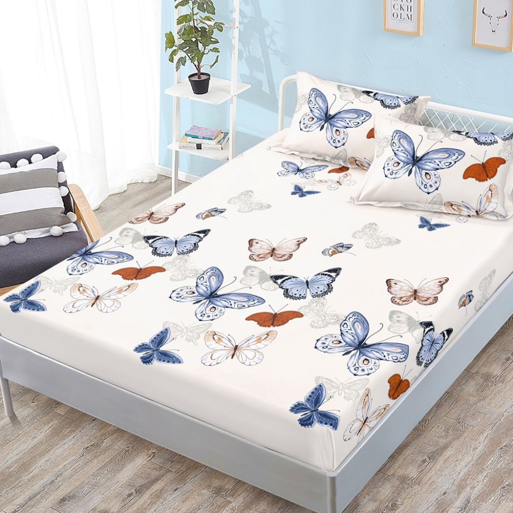 Husă de pat, finet, 180x200cm, 2 persoane, 3 piese, cu elastic, crem deschis, cu fluturi colorați, HPF419
