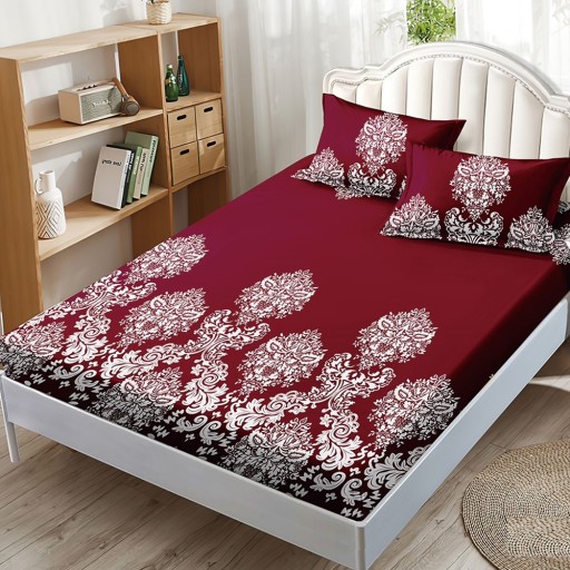 Husă de pat, finet, 180x200cm, 2 persoane, 3 piese, cu elastic, vișiniu, cu imprimeu alb, HPF420