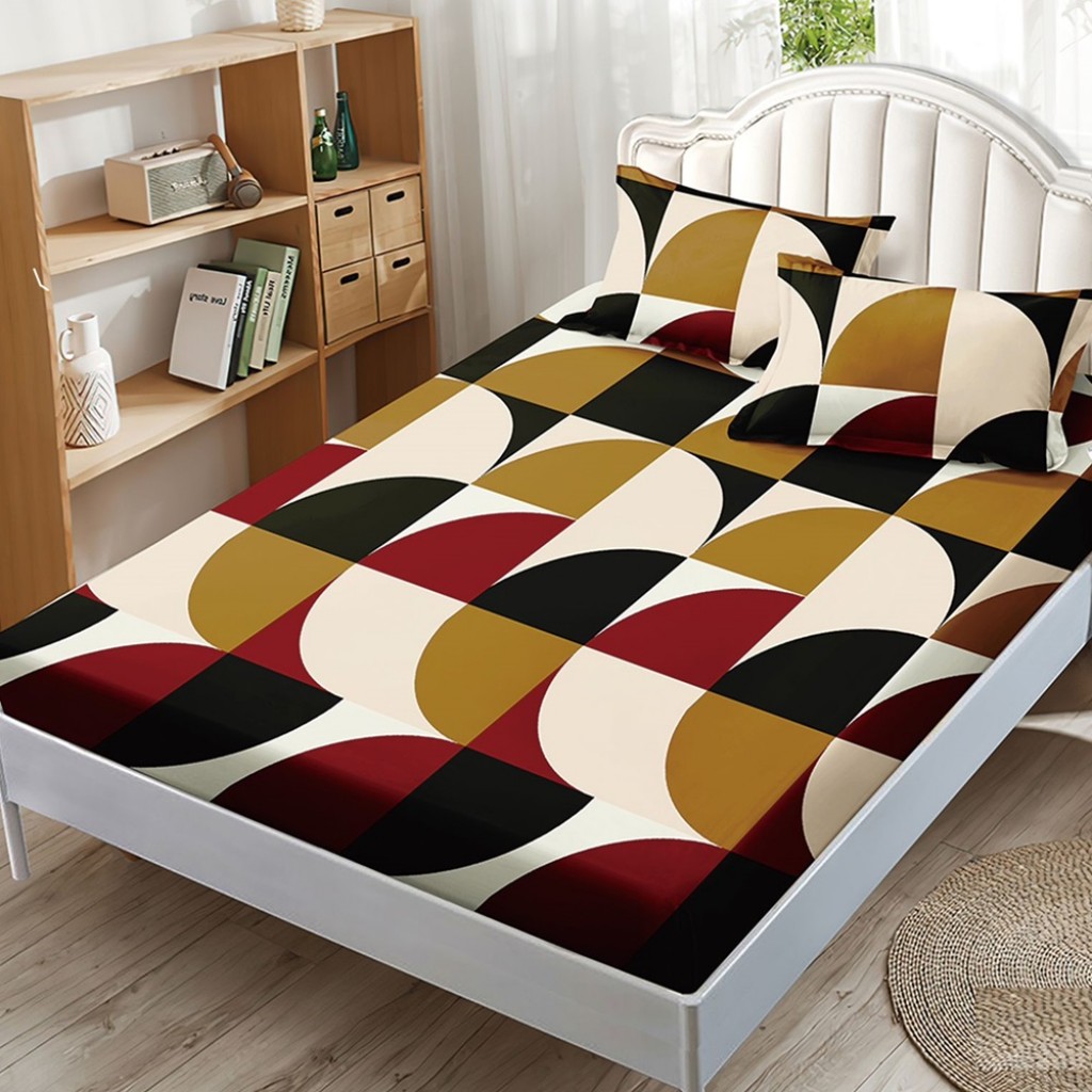 Husă de pat, finet, 180x200cm, 2 persoane, 3 piese, cu elastic, multicoloră, cu forme geometrice, HPF421