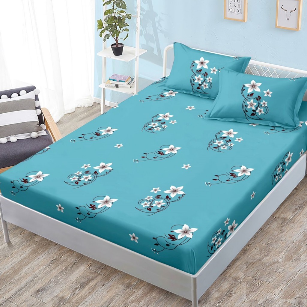 Husă de pat, finet, 180x200cm, 2 persoane, 3 piese, cu elastic, albastru deschis, cu floricele albe, HPF425