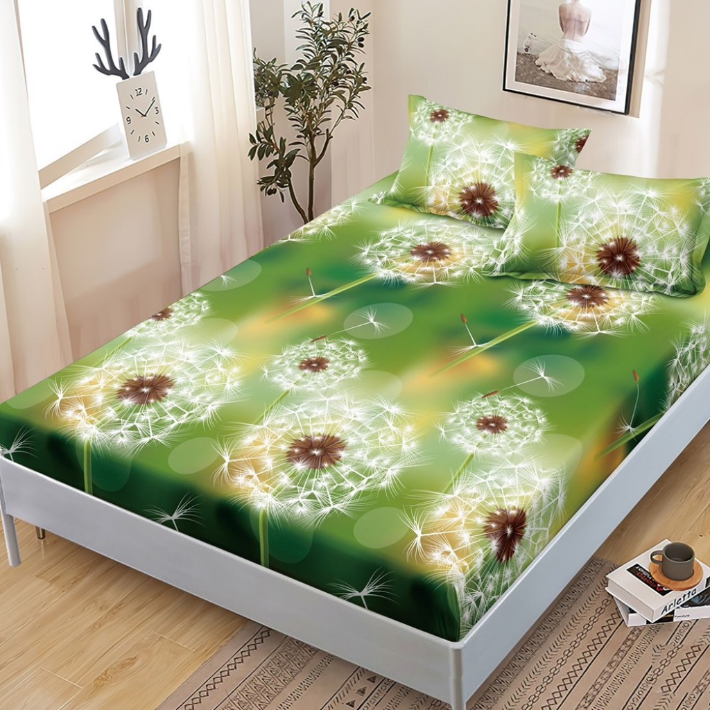 Husă de pat, finet, 180x200cm, 2 persoane, 3 piese, cu elastic, verde, cu păpădii albe, HPF429