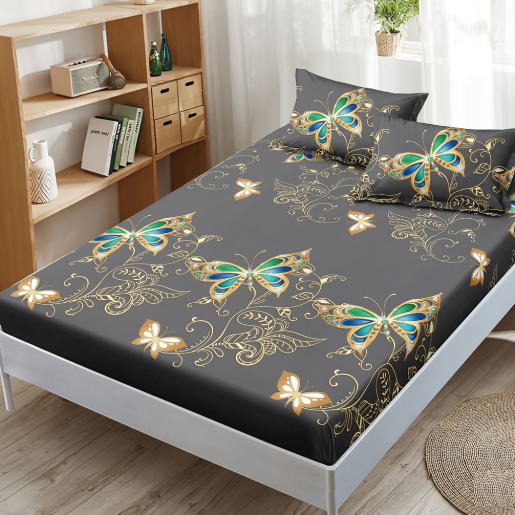 Husă de pat, finet, 180x200cm, 2 persoane, 3 piese, cu elastic, gri închis, cu fluturi aurii, HPF430