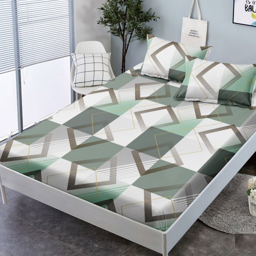 Husă de pat, finet, 180x200cm, 2 persoane, 3 piese, cu elastic, verde maro gri, cu forme geometrice, HPF431