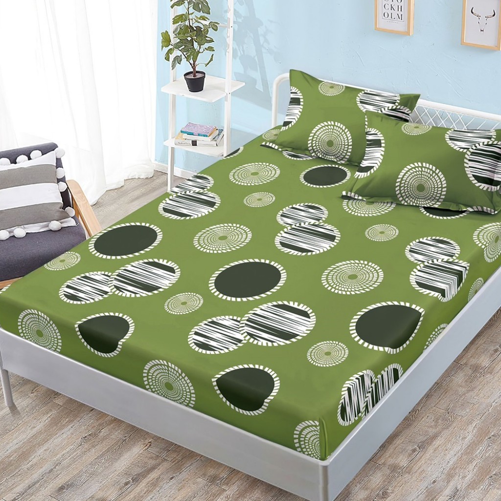 Husă de pat, finet, 180x200cm, 2 persoane, 3 piese, cu elastic, verde , cu cerculețe, HPF432