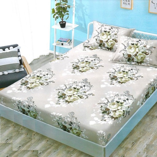 Husă de pat, finet, 180x200cm, 2 persoane, 3 piese, cu elastic, crem , cu floricele, HPF433