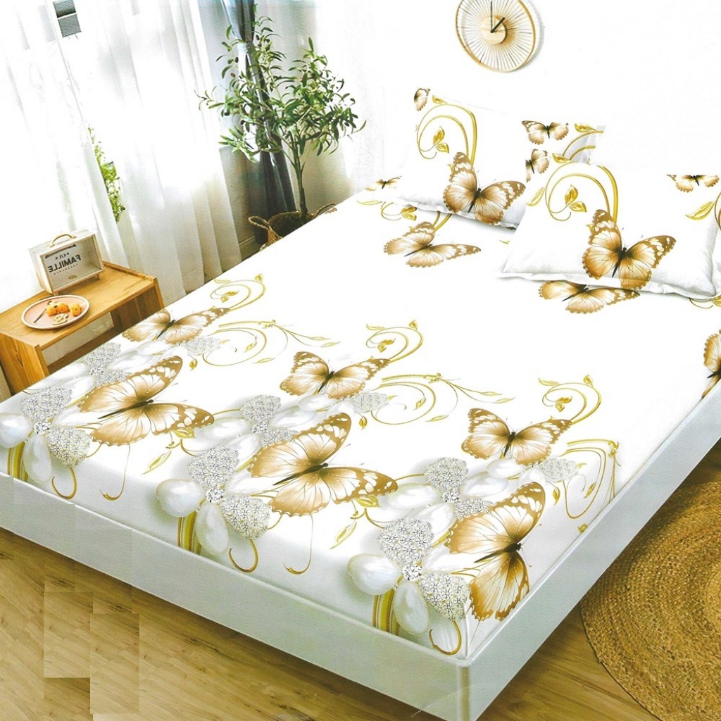 Husă de pat, finet, 180x200cm, 2 persoane, 3 piese, cu elastic, alb , cu fluturi aurii, HPF435