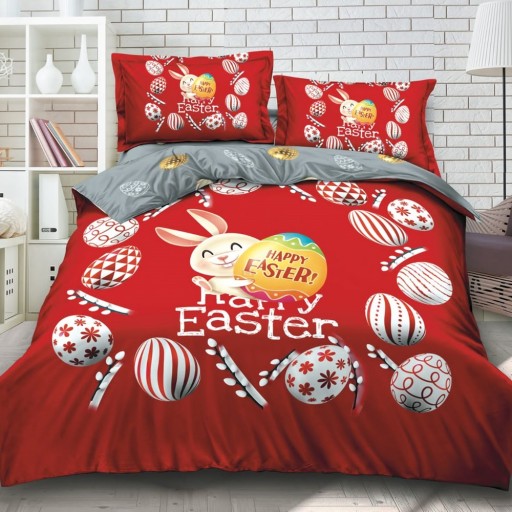 Lenjerie de pat, 2 persoane, 3D, finet, 4 piese, cu imprimeu, motiv Iepurașul de Paște, LF4902