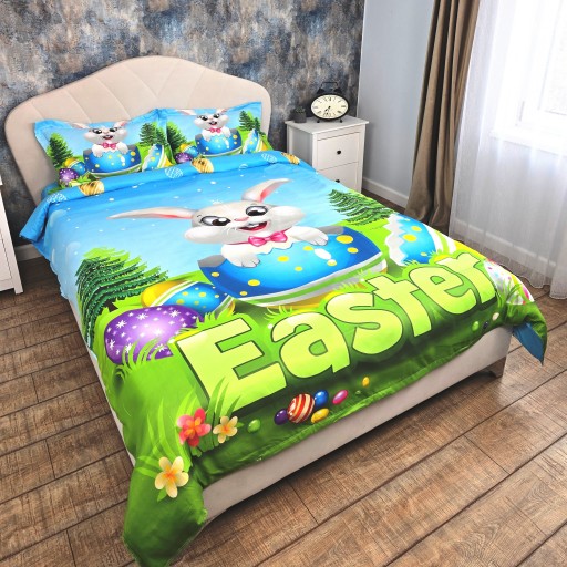 Lenjerie de pat, 2 persoane, 3D, finet, 4 piese, cu imprimeu, motiv Iepurașul de Paște, LF4920