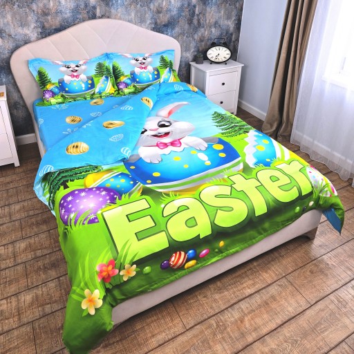 Lenjerie de pat, 2 persoane, 3D, finet, 4 piese, cu imprimeu, motiv Iepurașul de Paște, LF4920