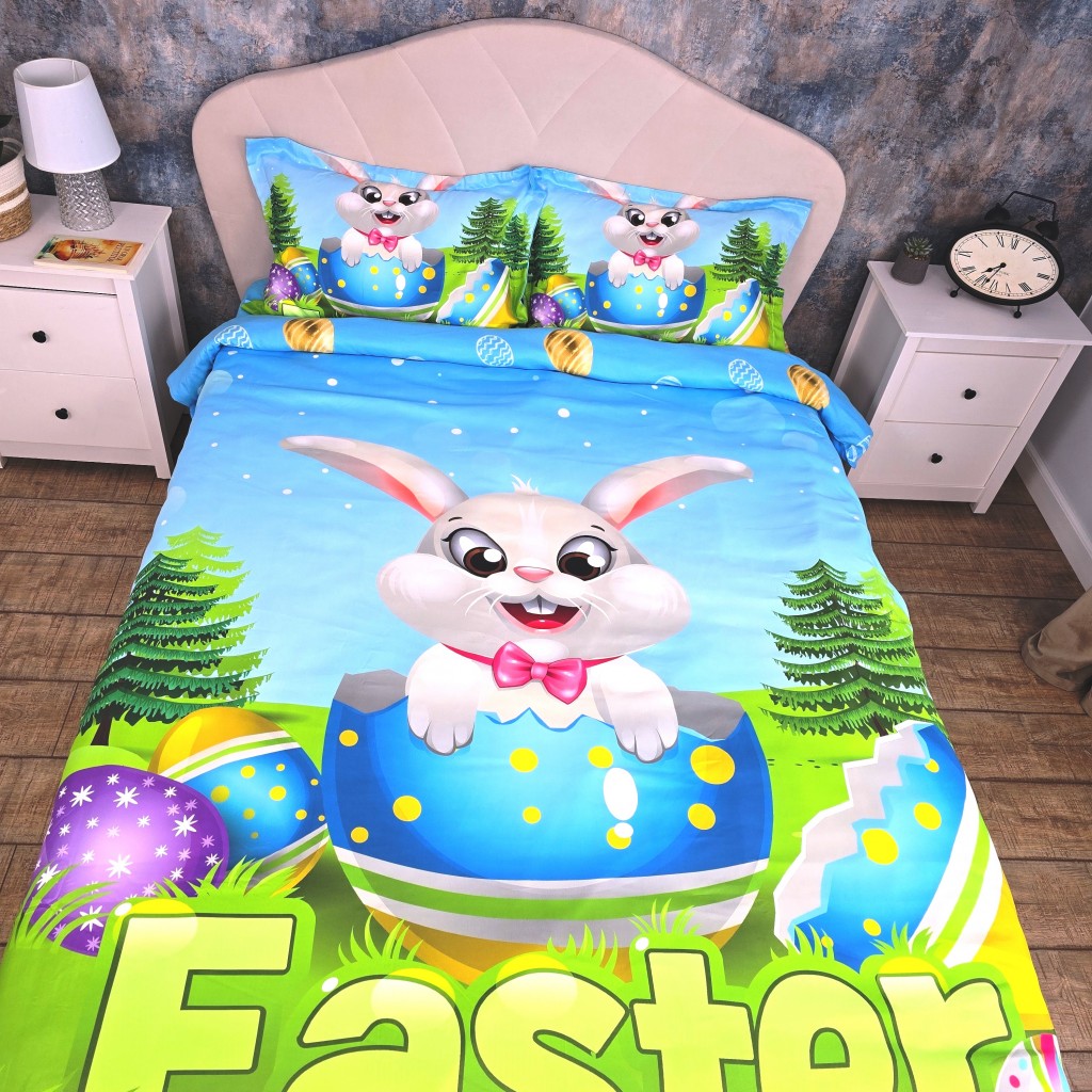 Lenjerie de pat, 2 persoane, 3D, finet, 4 piese, cu imprimeu, motiv Iepurașul de Paște, LF4920